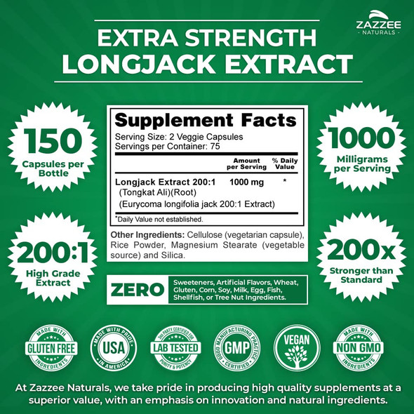 Zazzee Extra Strength Longjack Tongkat Ali 200:1 Extract, 1000 Mg, 150 Vegan Capsules, Support Energy, Stamina And Vitality, Non