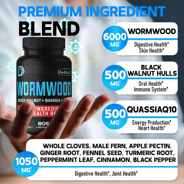 Dedicad 8050Mg Wormwood Capsules - 12 Herbs Blended Black Walnut, Cloves, Ginger, Turmeric, Cinnamon, Apple, Quassia - 150 Capsul