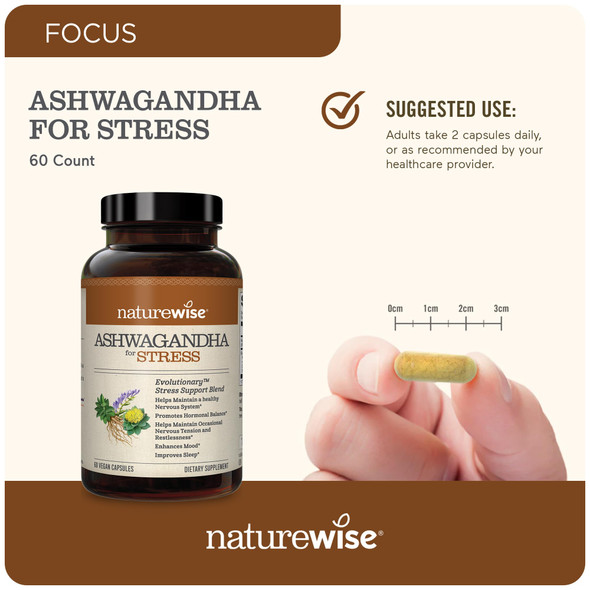 Naturewise Ashwagandha For Stress | Calming Ksm-66 Herbal Supplement Extract + Gaba, L-Theanine, Rhodiola Rosea, Light Brown, 60