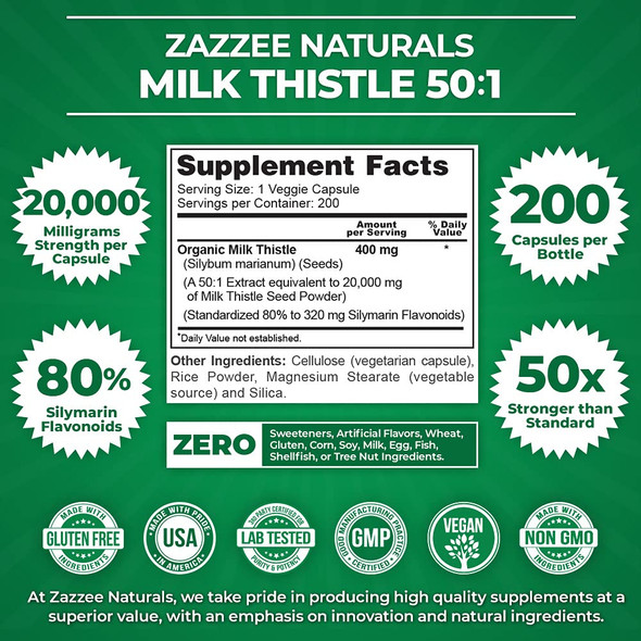 Zazzee Organic Milk Thistle 50:1 Extract, 20,000 Mg Strength, 200 Vegan Capsules, 80% Silymarin Flavonoids, Over 6 Month Supply