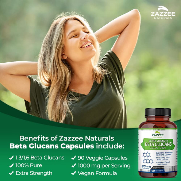 Zazzee Extra Strength 1,3/1,6 Beta Glucans, 1000 Mg, 100% Concentrated, 90 Vegan Capsules, Supports A Healthy Immune System, 100%