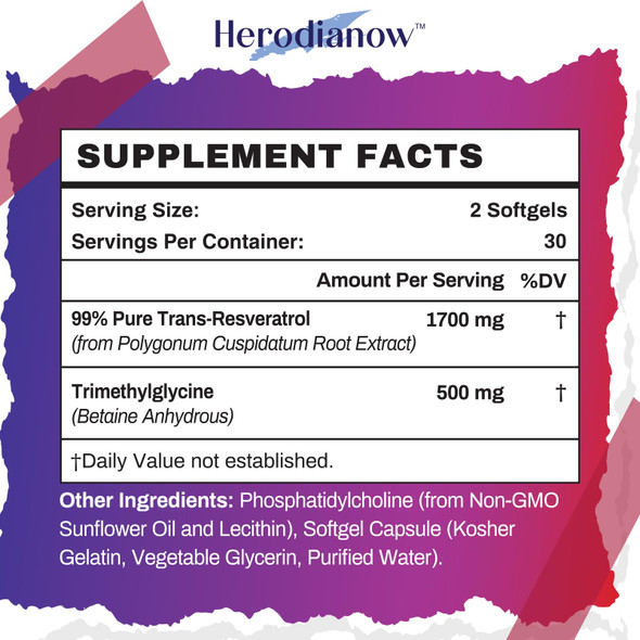 Herodianow Liposomal Resveratrol With Tmg Supplement 2200 Mg, Trans-Resveratrol & Trimethylglycine - Aging, Immune System-60 Soft