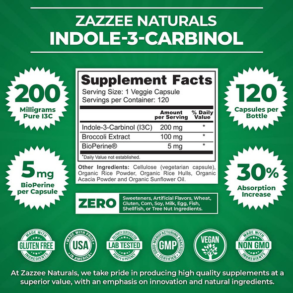 Zazzee High Absorption Indole-3-Carbinol (I3C), 200 Mg Per Capsule, 120 Vegan Capsules, 4 Month Supply, 5 Mg Bioperine For Enhanc