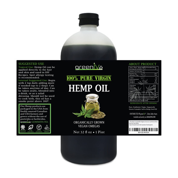 Greenive Hemp Oil With Vegan Omegas Cold Pressed 100% Pure (32 Oz)
