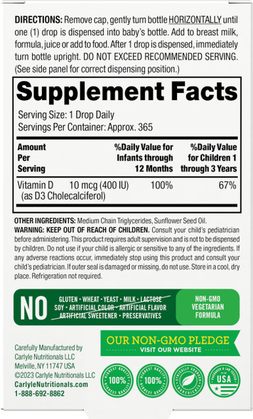 Carlyle Baby Vitamin D3 400 Iu | Liquid Drops | .31Oz (9.2 Ml) | 1 Year Supply (365 Servings) | Vegetarian, Non-Gmo, And Gluten