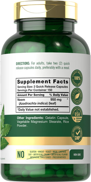 Carlyle Neem Leaf | 950Mg | 300 Powder Capsules | Non-Gmo And Gluten Free Formula | Value Size | Traditional Herbal Supplement |