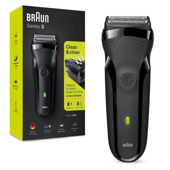 Braun Series 3 300 Electric Shaver Electric Razor for Men with 3 Flexible Blades Rechargeable and Cordless Electric Foil Washable Shaver Black, 2 pin plug