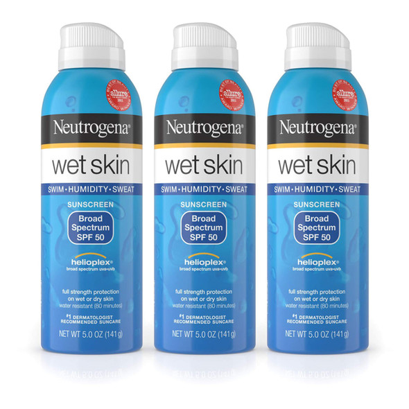 Neutrogena Wet Skin Sunscreen Spray Broad Spectrum SPF 50, Sweat and Water Resistant Sun Protection, 5 oz (Pack of 3)