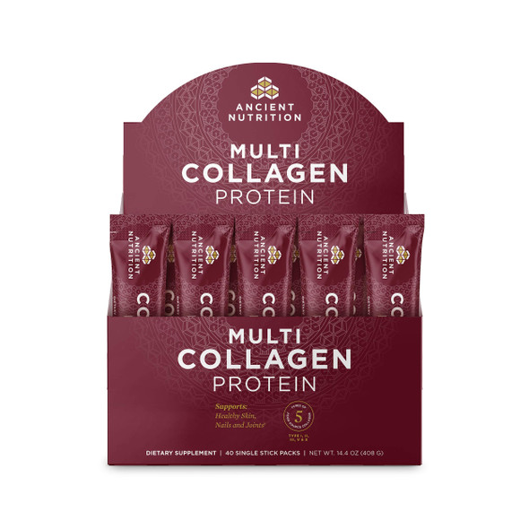 Collagen Powder Protein with Probiotics by Ancient Nutrition, Unflavored Multi Collagen Protein Packets with Vitamin C, Pack of 40, Hydrolyzed Collagen Peptides Supports Skin and Nails, Gut Health
