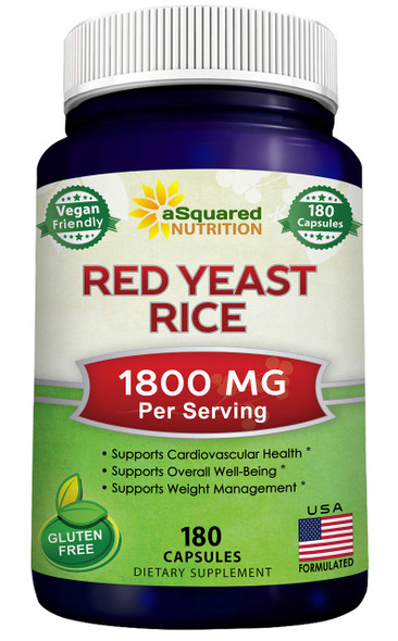 aSquared Nutrition Red Yeast Rice 1800mg - Dietary Supplement Vegan Powder Pills to Support Cardiovascular Health - 180 Veggie Capsules