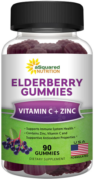 aSquared Nutrition Sambucus Elderberry Gummies with Zinc and Vitamin C - Chewable Gummy Supplement Alternative to Capsules Pills - Black Elderberries w/ VIT C for  Immune Support - 90 Gummies