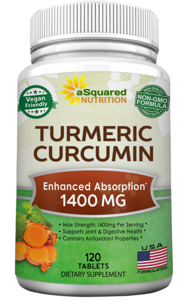 Turmeric Curcumin 1400mg Supplement - 120 Tablets - 100%  Tumeric Root Powder & Black  Extract Formula, Pure Joint Support Veggie Pills, Antioxidant Supplement