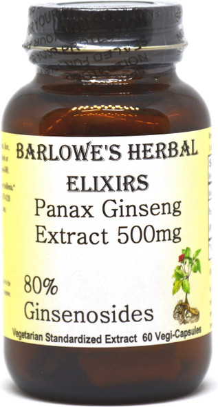 Barlowe's Herbal Elixirs Panax Ginseng Extract - 80% Ginsenosides - 60 500mg VegiCaps - Stearate Free, Bottled in Glass!