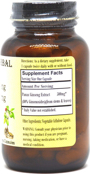 Barlowe's Herbal Elixirs Panax Ginseng Extract - 80% Ginsenosides - 60 500mg VegiCaps - Stearate Free, Bottled in Glass!