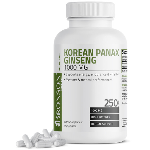 Bronson Korean Panax Ginseng 1000 mg Supports Energy, Endurance & Vitality + Memory and Mental Performance, 250 Capsules