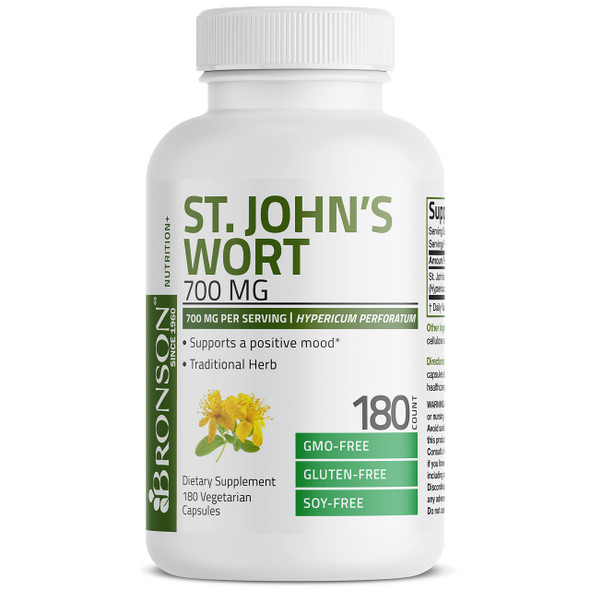 Bronson St. John's Wort 700 MG  Hypericum Perforatum Supports a Positive Mood - Non-GMO, 180 Vegetarian Capsules