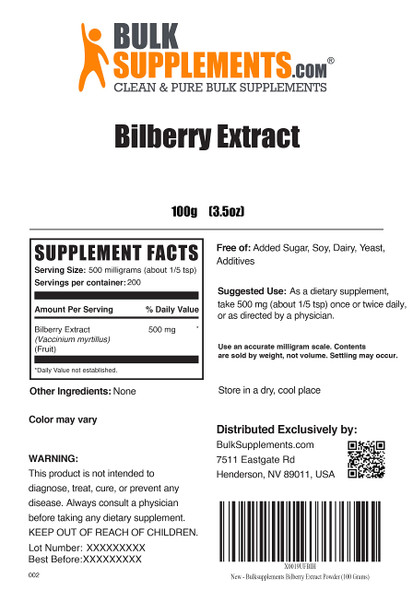 BulkSupplements Bilberry Extract Powder - Antioxidant Powder - Eye Supplements - Vision Supplements - Anthocyanin Supplement - Bilberry  Extract 1000mg Supplement (100 Grams - 3.5 oz)