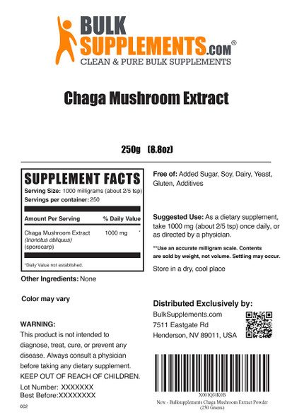 BulkSupplements Chaga Mushroom Extract Powder - Mushroom Supplement, from Chaga Mushrooms - 1000mg of Chaga Powder Extract ,  (250 Grams - 8.8 oz)