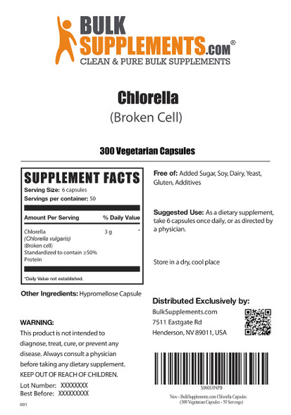 BulkSupplements Chlorella Capsules - Superfood Supplement for Immune Support, Broken Cell Wall -  - 3g (6 Capsules)  - 50-Day Supply (300 Veg Capsules)