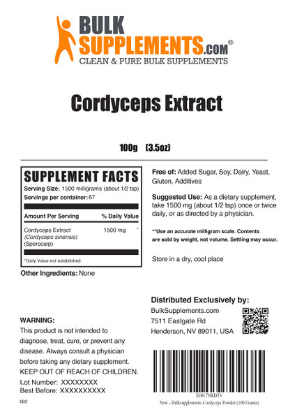 BulkSupplements Cordyceps Extract Powder, 100g, with Reishi Mushroom Extract Powder, 100g