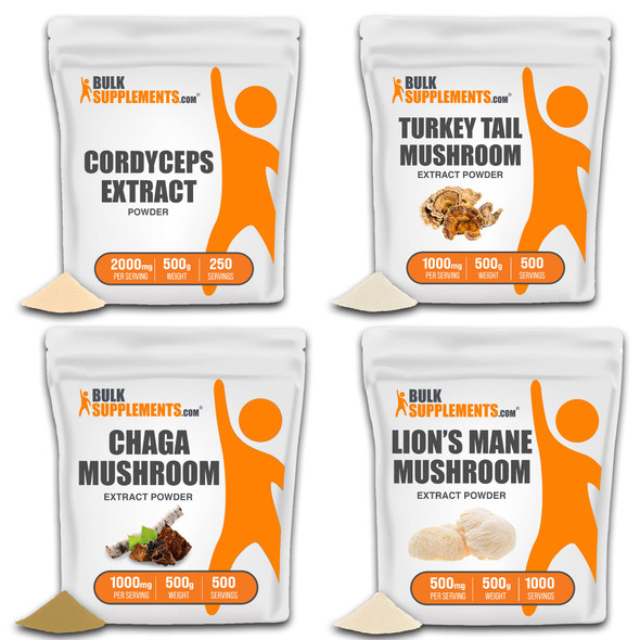 BulkSupplements Cordyceps Mushroom Extract (Cordyceps sinensis) 500G, with Turkey Tail Mushroom Extract (Coriolus Versicolor) 500G, Chara Mushroom