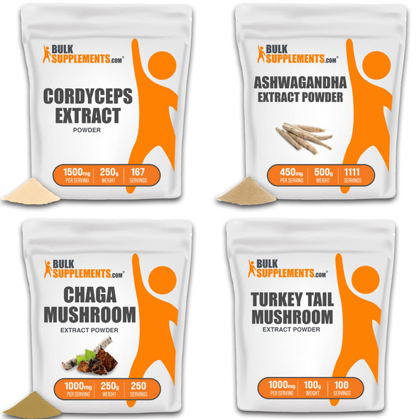 BulkSupplements Cordyceps Mushroom Extract 250G, with Turkey Tail Mushroom Extract Powder 100G, Chaga Mushroom Extract Powder 250G & Ashwagan Root Extract Powder 500G Bundle