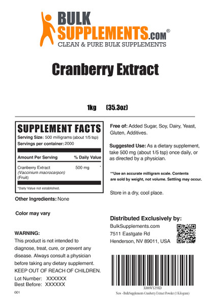 BulkSupplements Cranberry Extract Powder - Cranberry Supplements, Urinary Tract Health -  - 500mg , 2000 Servings (1 Kilogram - 2.2 lbs)