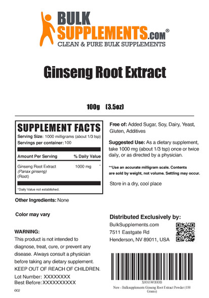 BulkSupplements Ginseng Root Extract Powder - Panax Ginseng for Energy Support - Vegan,  Powder - 1000mg , 100 Servings (100 Grams - 3.5 oz)