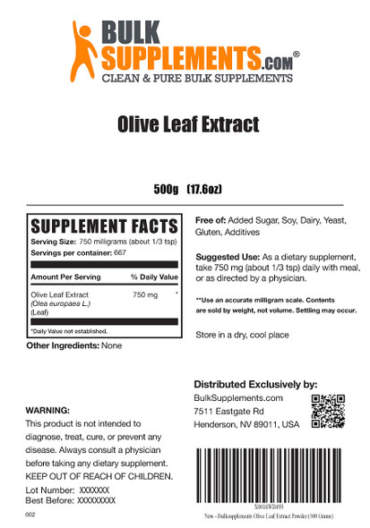 BulkSupplements Olive Leaf Extract Powder - Herbal Supplement Powder, Antioxidants Source -  - 750mg , 667 Servings (500 Grams - 1.1 lbs)
