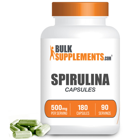 BulkSupplements Spirulina Capsules - Green Superfood Supplement, Spirulina Pills - 500mg of Pure Spirulina,  - 2 Capsules , 90-Day Supply (180 Capsules)