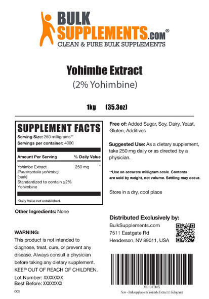 BulkSupplements Yohimbe Extract Powder - Herbal Supplement for Energy Support - Sourced from Yohimbe Bark -  - 250mg , 4000 Servings (1 Kilogram - 2.2 lbs)