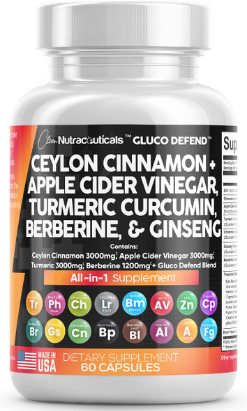 Ceylon Cinnamon 3000mg Turmeric 3000mg Apple Cider Vinegar 3000mg Ginseng 2000mg Berberine 1200mg Plus Bitter Melon Gymnema Milk Thistle Fenugreek Aloe Vera - 60 Caps