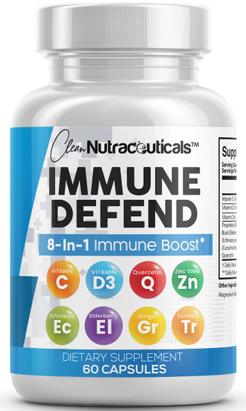 Immune Defense Support Supplement 8 in 1 w/Zinc 50mg Quercetin, VIT C 1000mg, Vitamin D3 5000 IU, Elderberry, Turmeric Curcumin, Ginger, Echinacea - Immunity System Booster  Vegan - 60Ct