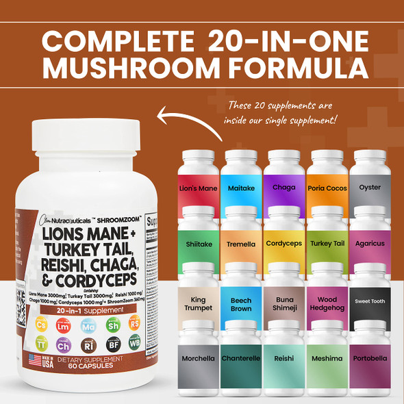 Lions Mane 3000mg 20in1 Mushroom Supplement with Turkey Tail 2000mg Reishi 1000mg Cordyceps Chaga 1000mg Maitake Meshima Poria Cocos Shiitake Oyster Porcini Enoki Cognitive, Energy, Focus Pills