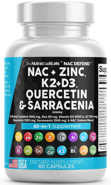 NAC Supplement N-Acetyl Cysteine 1000mg Vitamin D3 K2 Zinc Quercetin 1000mg Sarracenia Purpurea 1000mg with Elderberry Holy Basil Bee Propolis Bromelain L-Lysine - 60 Count