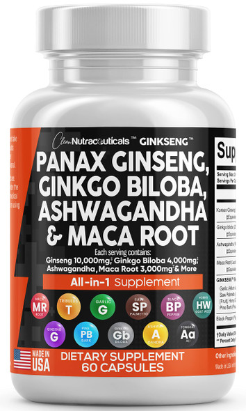 Panax Ginseng 10000mg Ginkgo Biloba 4000mg Ashwagan Maca Root 3000mg - Focus Pills & Brain Supplement for Women and Men with Pine Bark Extract, Garlic, and Saw Palmetto - 60 Caps