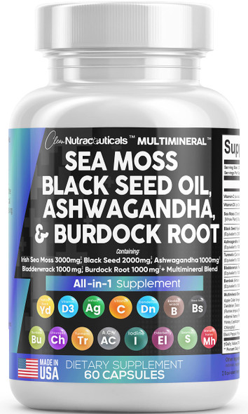 Sea Moss 3000mg Black Seed Oil 2000mg Ashwagan 1000mg Turmeric 1000mg Bladderwrack 1000mg Burdock 1000mg & Vitamin C Vitamin D3 with Elderberry Manuka Dandelion Yellow Dock Iodine Chlorophyll ACV