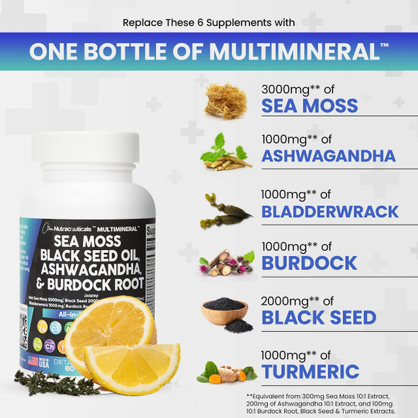 Sea Moss 3000mg Black Seed Oil 2000mg Ashwagan 1000mg Turmeric 1000mg Bladderwrack 1000mg Burdock 1000mg & Vitamin C Vitamin D3 with Elderberry Manuka Dandelion Yellow Dock Iodine Chlorophyll ACV