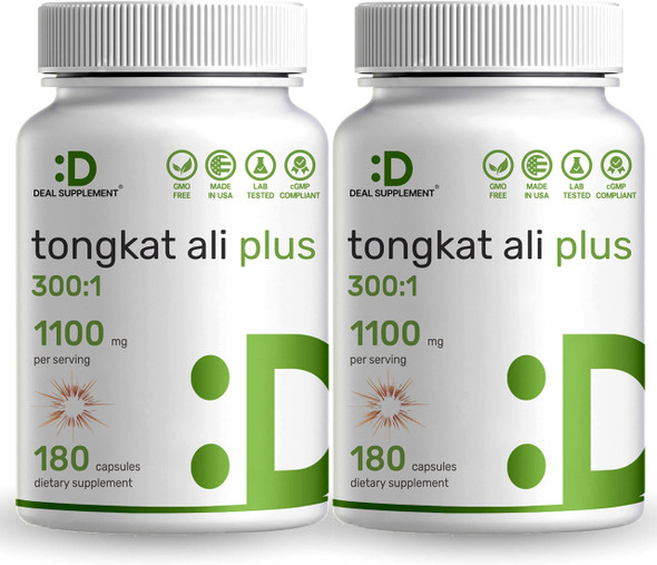 2 Pack of Tongkat Ali Extract 300:1 Enhanced with Horny Goat, 1100mg Per Serving, 180 Capsules, 2-1 Formula, Indonesia Origin Eurycoma Longifolia (Longjack), Max Strength Tongkat Ali for Men