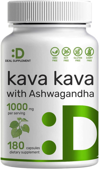Kava Kava with Ashwagandha, 1000mg Servings, 180 Capsules  High Concentrated Root Extract, Retains Active Kavalactones  Natural Herbal Relaxation Complex