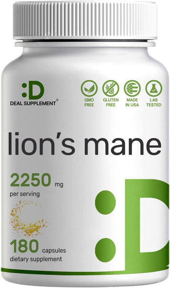 Lions Mane Mushroom Extract Supplement, 2250mg Servings, 180 Capsules  Active Fruiting Body & Mycelium Source  Natural Nootropic, Rich in Polysaccharides  Non-GMO