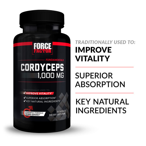 Force Factor Cordyceps Capsules with 1000mg of Cordyceps Sinensis Mushroom Extract, Traditionally Used to Improve Vitality, with BioPerine for Quick Absorption, Key  Ingredients, 60 Capsules