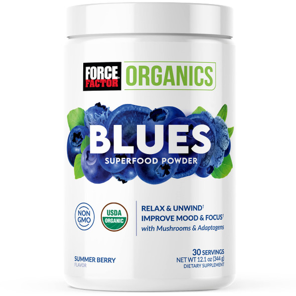 Force Factor Organics Blues Superfood Powder for  Relief and Mood Support with Ashwagan, Blue Spirulina Powder, Cordyceps, and Lions Mane, Vegan and Non-GMO, Summer Berry, 30 Servings