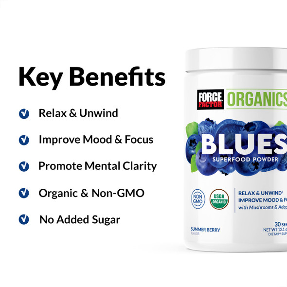 Force Factor Organics Blues Superfood Powder for  Relief and Mood Support with Ashwagan, Blue Spirulina Powder, Cordyceps, and Lions Mane, Vegan and Non-GMO, Summer Berry, 30 Servings