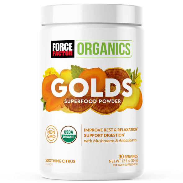 Force Factor Organics Golds Superfood Powder to Improve Rest and Relaxation, Turmeric Curcumin and Mushroom Supplement with Turkey Tail Mushroom, Chaga, and Ginger, Soothing Citrus, 30 Servings