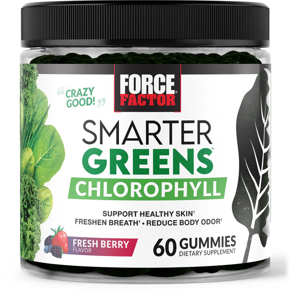 Force Factor Smarter Greens Chlorophyll Gummies to Support Skin Care, Clear Skin, and Healthy Skin, Fight Bad Breath, and Reduce Body Odor, Deodorant for Women and Men, Fresh Berry Flavor, 60 Gummies