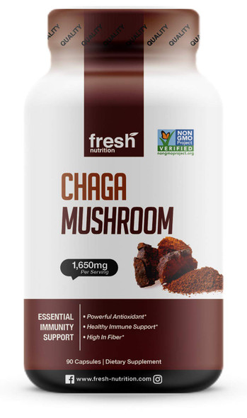 Organic Chaga Mushrooms  Strongest DNA Verified 1650mg   High in Fiber  Non GMO, Gluten & Soy Free, Vegan Friendly