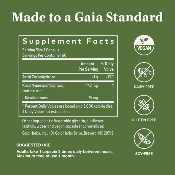 Gaia Herbs Kava Root - Helps Sustain a Sense of  Calm and Relaxation* During Times of  - Made With Noble Kava Cultivars - 60 Vegan Liquid Phyto-Capsules (20-Day Supply)