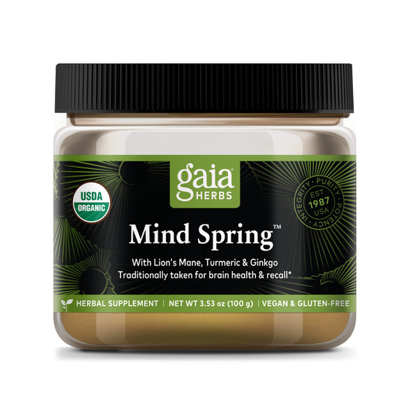 Gaia Herbs Mind Spring - Herbal Mushroom Supplement Powder to Help Maintain Brain Health and Recall-with Lions Mane, Turmeric Curcumin,and Ginkgo-USDA Certified Organic-3.53 Oz(Up to 45-Day Supply)