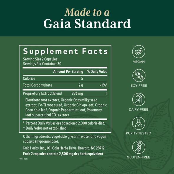 Gaia PRO Cognitive Formula - Brain Boost &  Flow Supplement - Provides Antioxidant Activity Support - with Rosemary, Organic mint & Gotu Kola - 60 Vegan Liquid Phyto-Capsules (30 Servings)